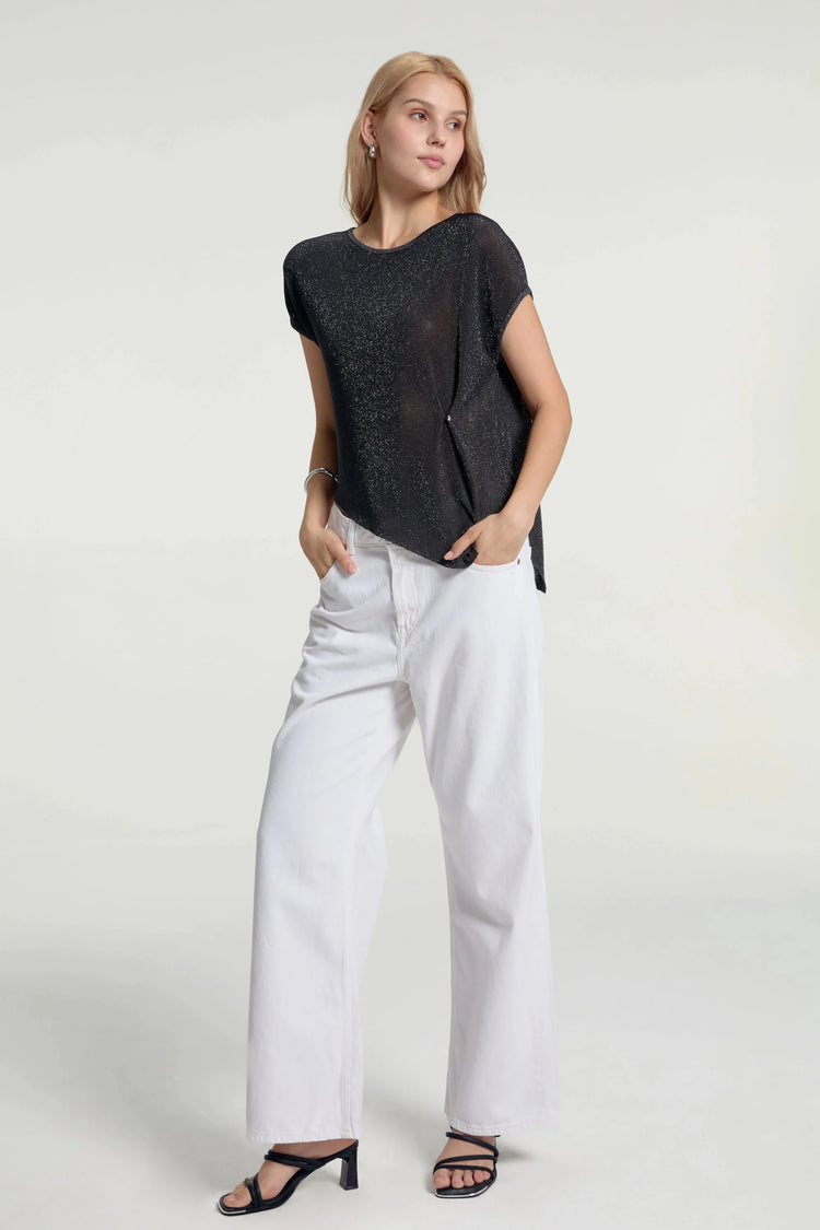 Women’s shimmer jersey tee with cap sleeves shown in a clean full-body front view