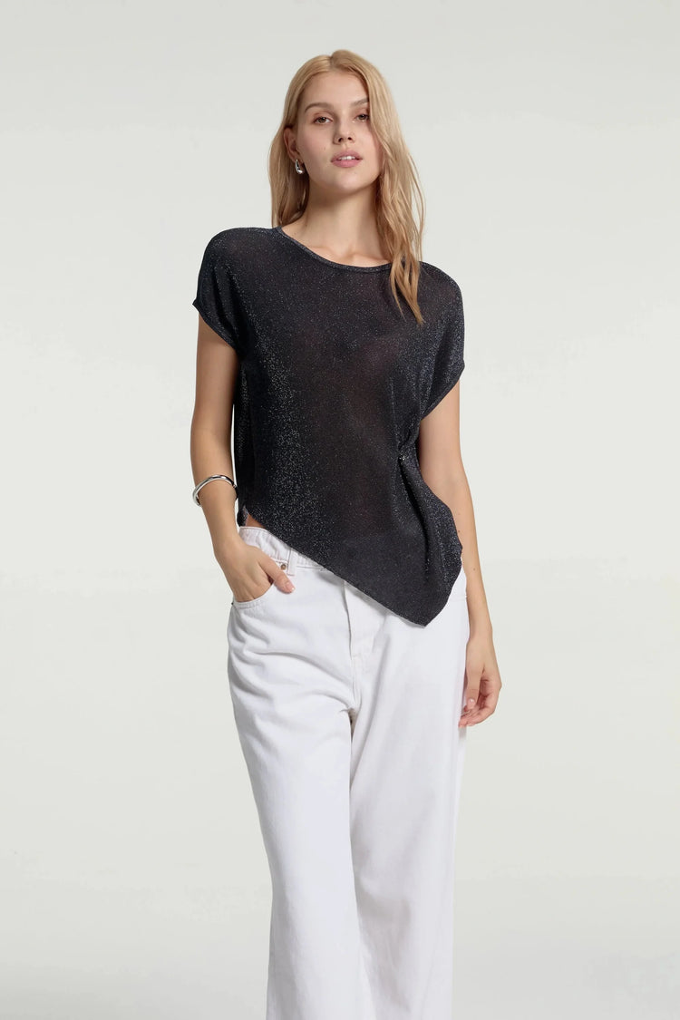 Women’s shimmer jersey cap sleeve tee highlighting relaxed drape and subtle shine