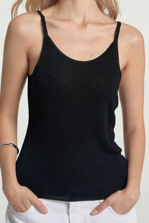 Close-up of onyx glow shimmer sheer knit tank highlighting fine texture and subtle shine