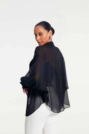 Back view of a sheer black silk oversized button-down shirt with relaxed silhouette
