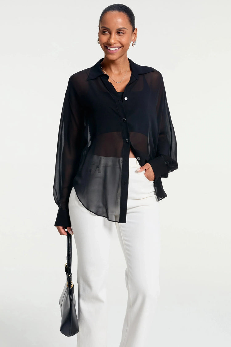 Lightweight silk chiffon oversized shirt in black with fluid drape, front styling