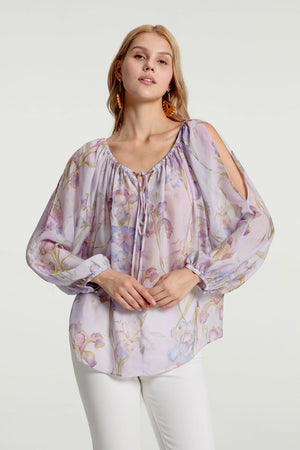 Romantic silk chiffon peasant blouse with soft gathers and airy movement, front view