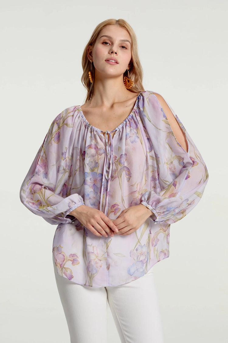 Romantic silk chiffon peasant blouse with soft gathers and airy movement, front view