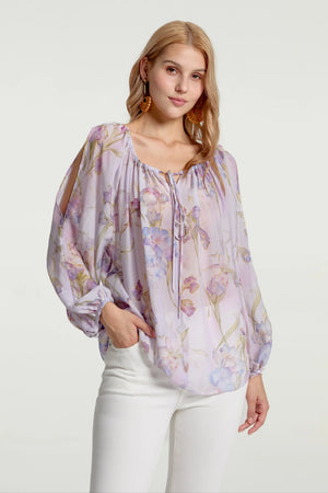 Lightweight silk chiffon peasant blouse featuring a fluid, romantic drape, front view