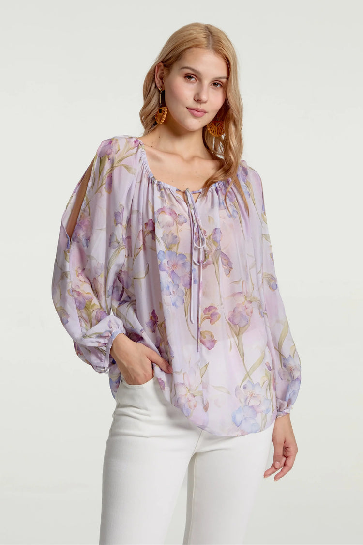 Lightweight silk chiffon peasant blouse featuring a fluid, romantic drape, front view