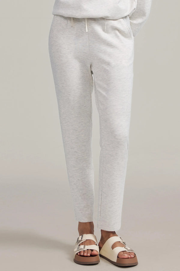 Front view of light grey Tencel™ lounge pants with a smooth, tailored drape