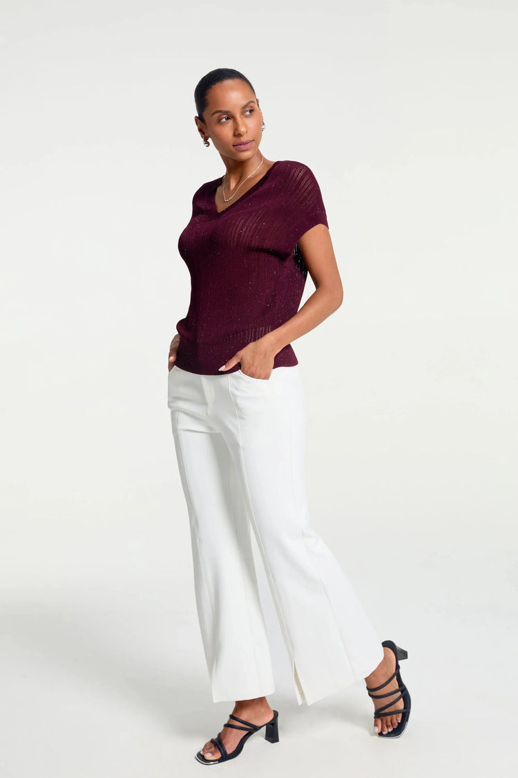 Women’s merlot sparkle ribbed V-neck top shown in a clean full-body front view