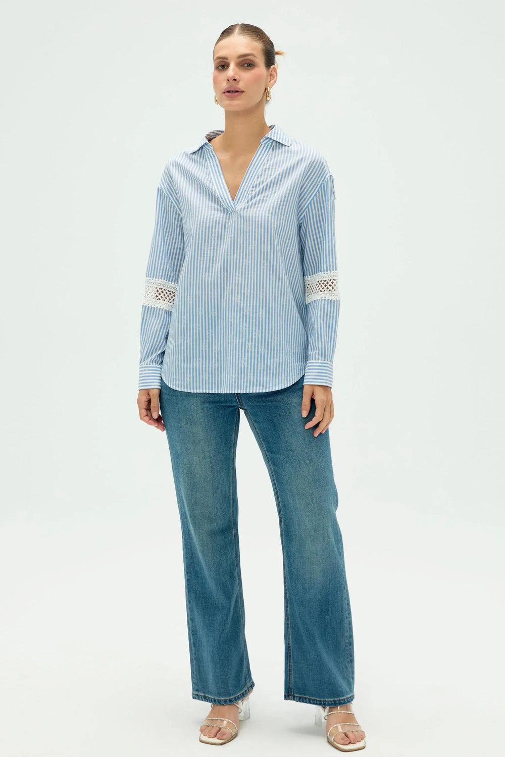 Women’s striped popover blouse with relaxed fit and refined neckline