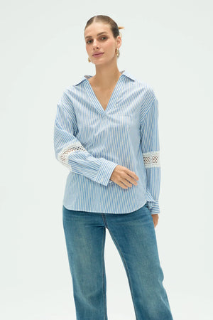 Women’s striped popover blouse with relaxed fit and refined neckline
