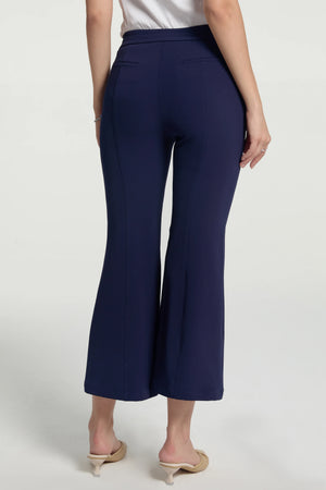 Back view of navy kick-flare trousers featuring a clean, refined fit