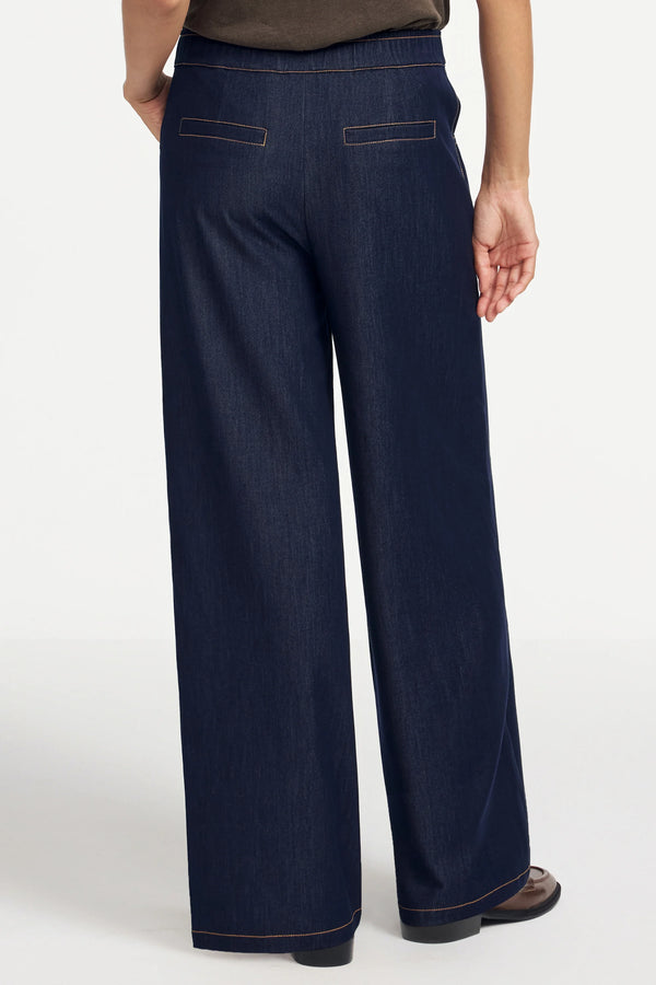 Back view of tailored wide-leg denim featuring clean lines and contrast stitching