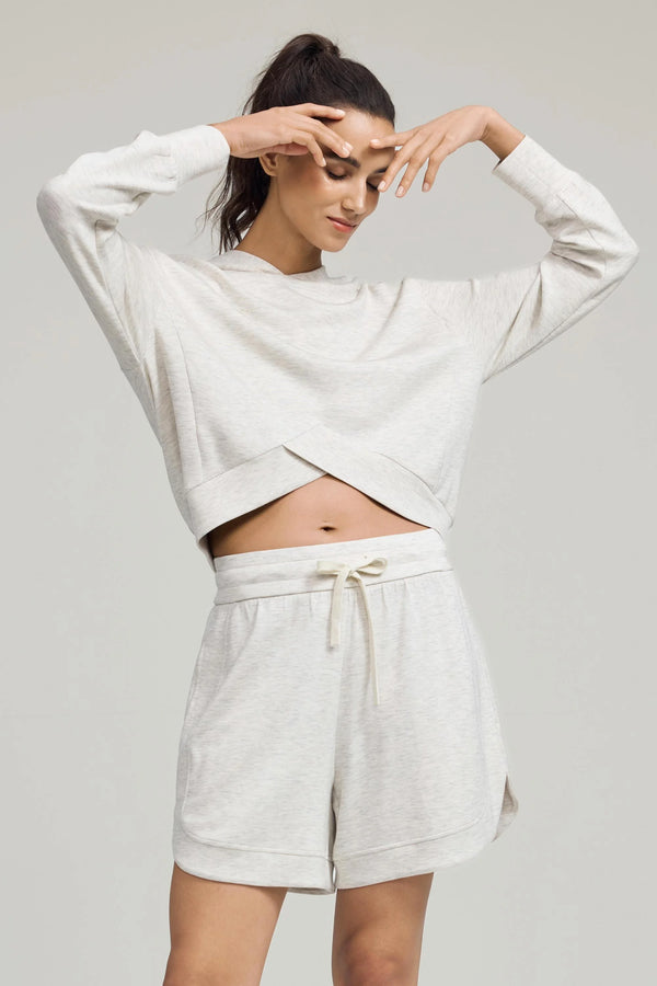 Emara women’s Crossover Hem Hoodie in Heather Mist, soft Tencel™ knit, front view