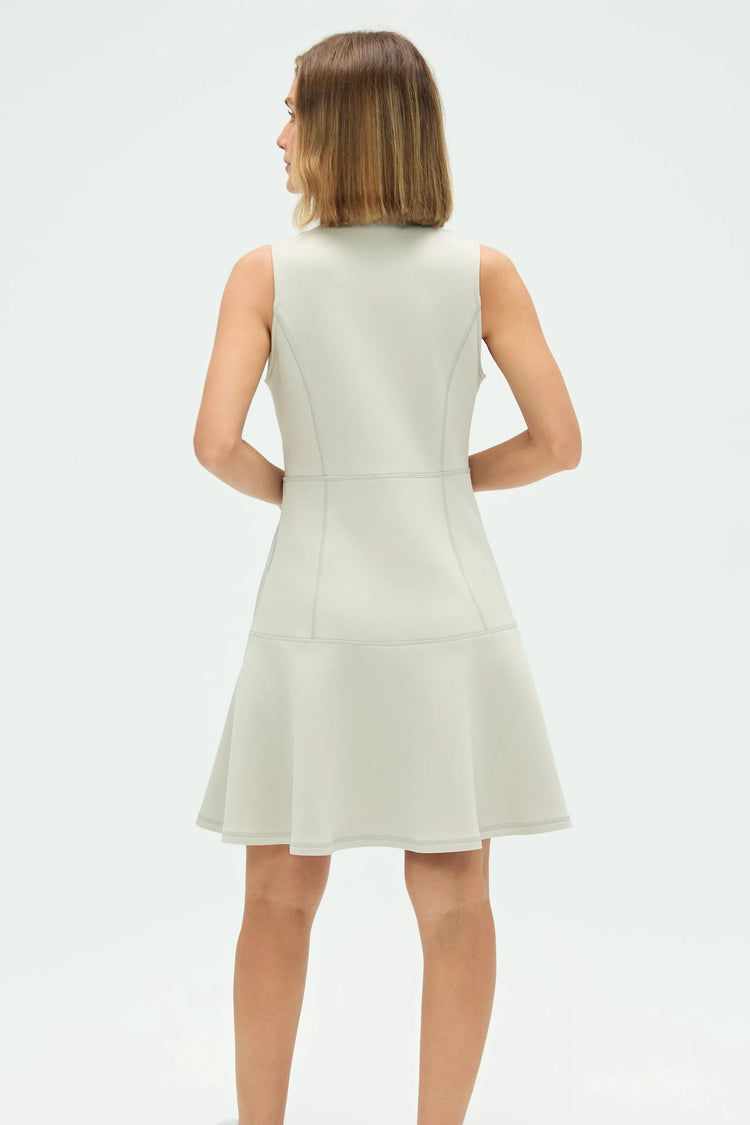 Back view of women’s cloudstone grey sleeveless zip-collar flare dress