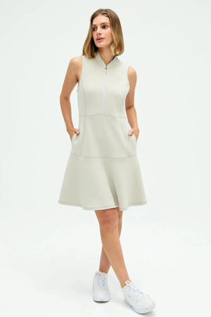 Women’s cloudstone grey sleeveless zip-collar flare dress with pockets, full-body front view