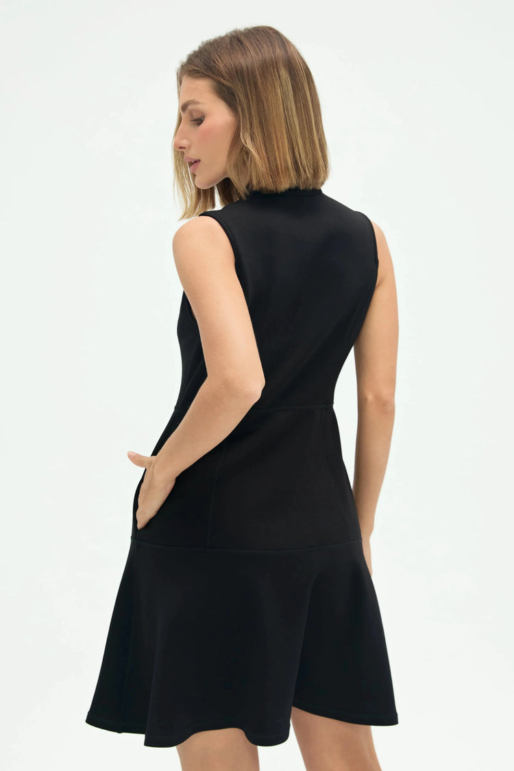 Back view of women’s jet black sleeveless zip-collar flare dress