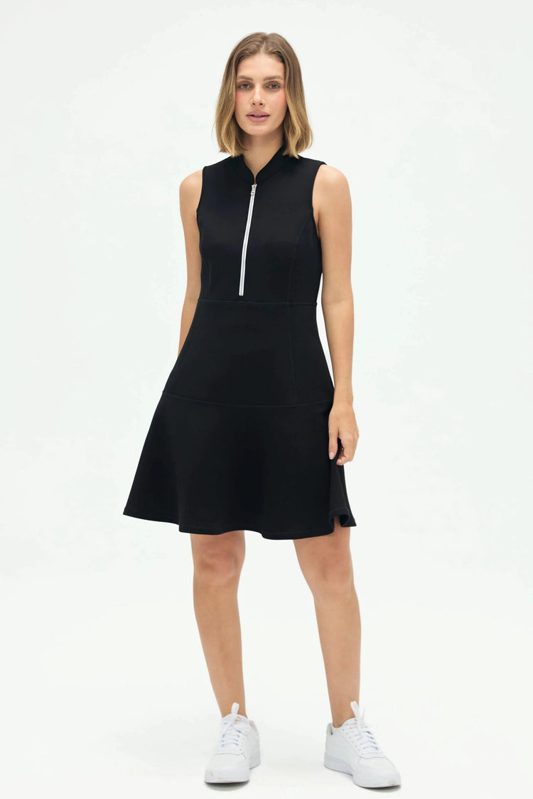 Women’s jet black sleeveless zip-collar flare dress, full-body front view
