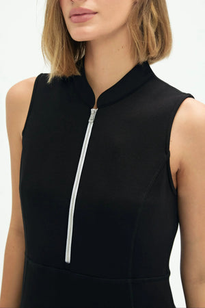 Detail view of zip collar on women’s jet black sleeveless dress