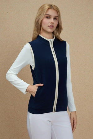 Side view of a refined navy zip-front vest with a sleek, streamlined silhouette