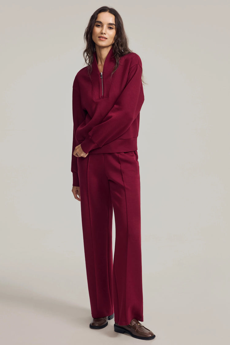 EMARA women’s burgundy wool-blend half-zip pullover, soft breathable knit, full view