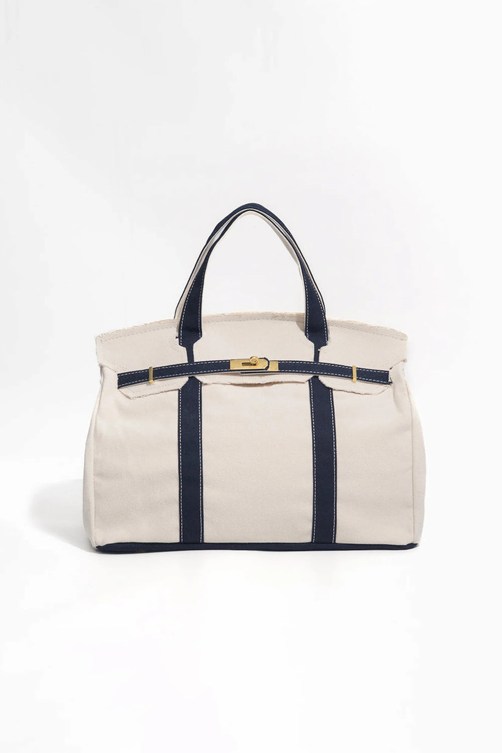 Handmade premium cotton canvas tote in blue, front view with reinforced handles