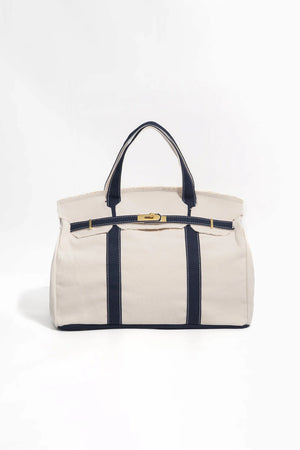 Handmade premium cotton canvas tote in blue, front view with reinforced handles