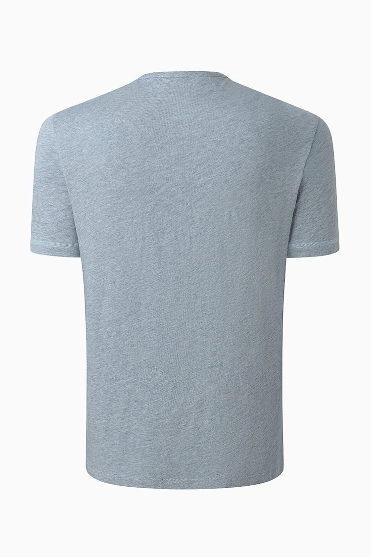 3D back view of a men’s steel blue cotton–Tencel henley tee showing a streamlined, modern shape.