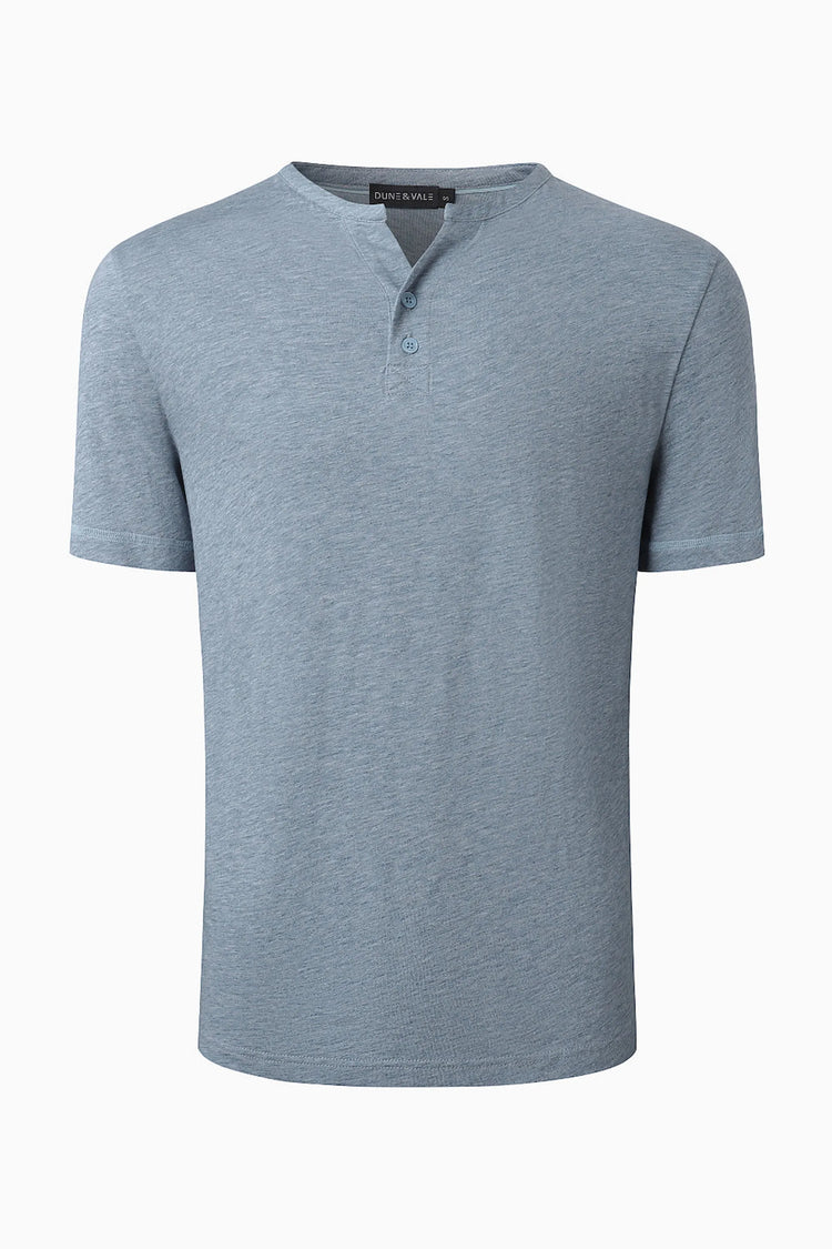 3D front view of a men’s steel blue cotton–Tencel henley tee with a clean two-button neckline.