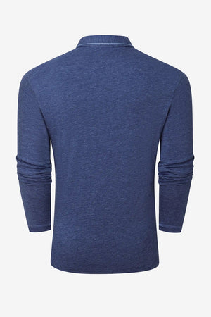 3D back view of a men’s maritime blue cotton-Tencel long-sleeve polo with a refined, minimal finish.