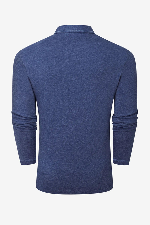 3D back view of a men’s maritime blue cotton-Tencel long-sleeve polo with a refined, minimal finish.