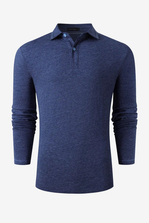 3D front view of a men’s maritime blue cotton-Tencel long-sleeve polo showing the streamlined silhouette.