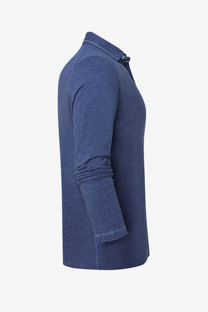 3D side view of a men’s maritime blue cotton-Tencel long-sleeve polo highlighting the clean structure.