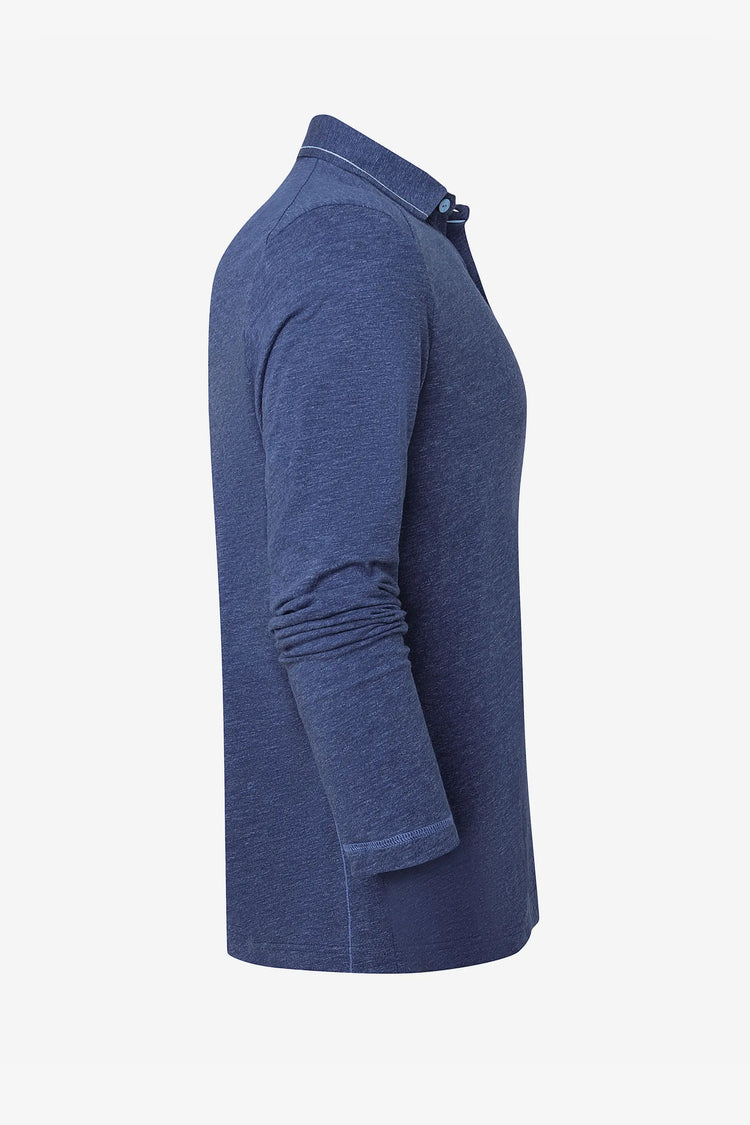 3D side view of a men’s maritime blue cotton-Tencel long-sleeve polo highlighting the clean structure.