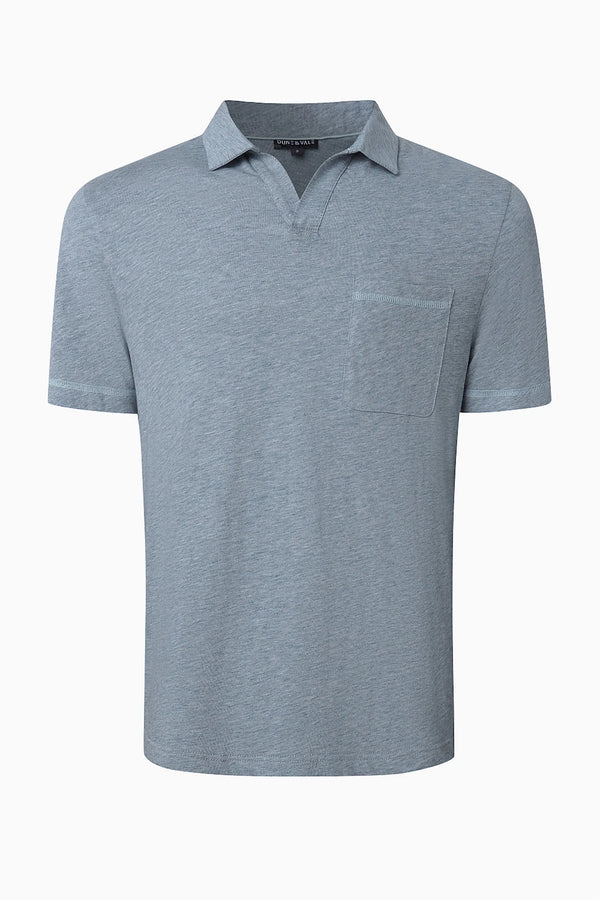 3D front view of a men’s steel blue cotton-Tencel open-collar polo with a relaxed, modern fit.