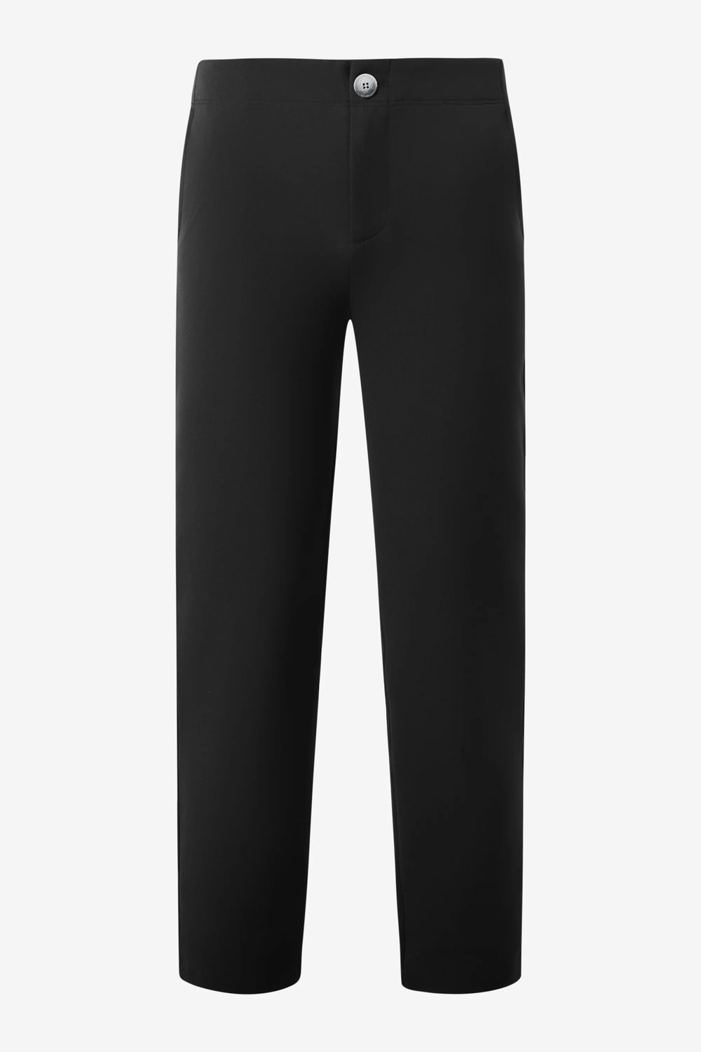 3D front view of men’s essential stretch chinos in jet black with a clean, modern straight-leg fit.