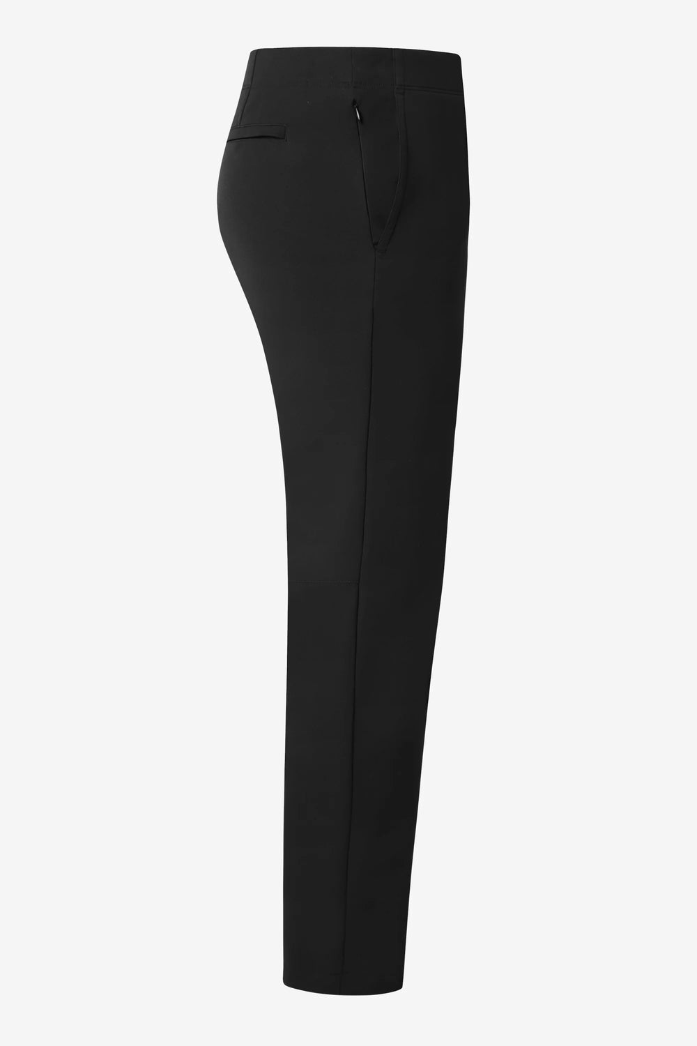 3D front view of men’s essential stretch chinos in jet black with a clean, modern straight-leg fit.