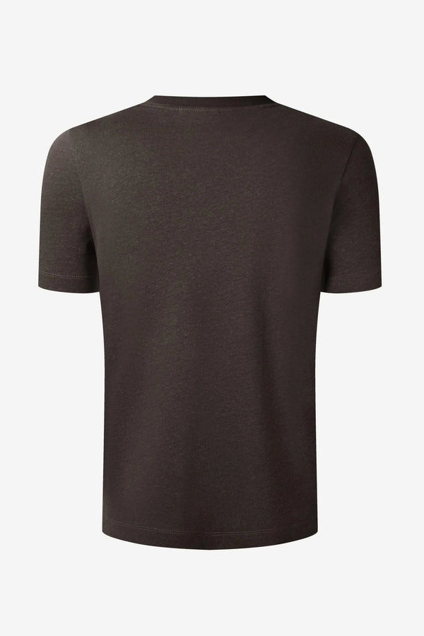 3D back view of a men’s espresso linen–Supima crewneck tee showing a minimal, refined silhouette.