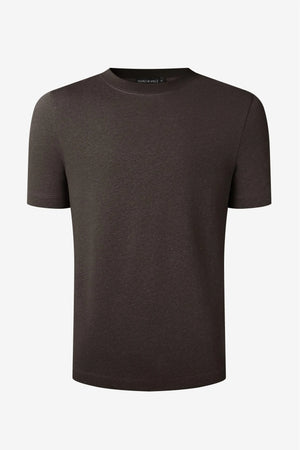 3D front view of a men’s espresso linen–Supima crewneck tee with a clean, streamlined fit.