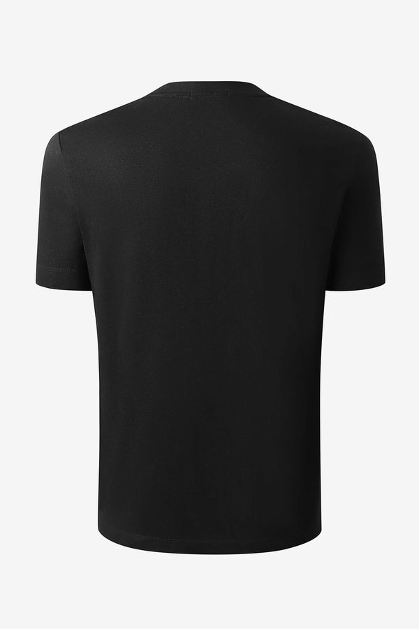 3D back view of a men’s jet black linen–Supima crewneck tee showing a minimal, refined silhouette.