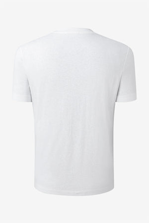 3D back view of a men’s pure white linen–Supima crewneck tee showing a minimal silhouette.
