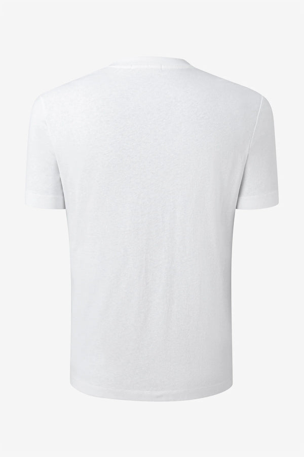 3D back view of a men’s pure white linen–Supima crewneck tee showing a minimal silhouette.