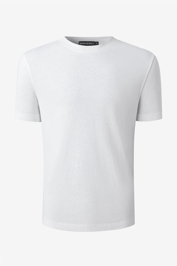 3D front view of a men’s pure white linen–Supima crewneck tee with a clean, streamlined fit.