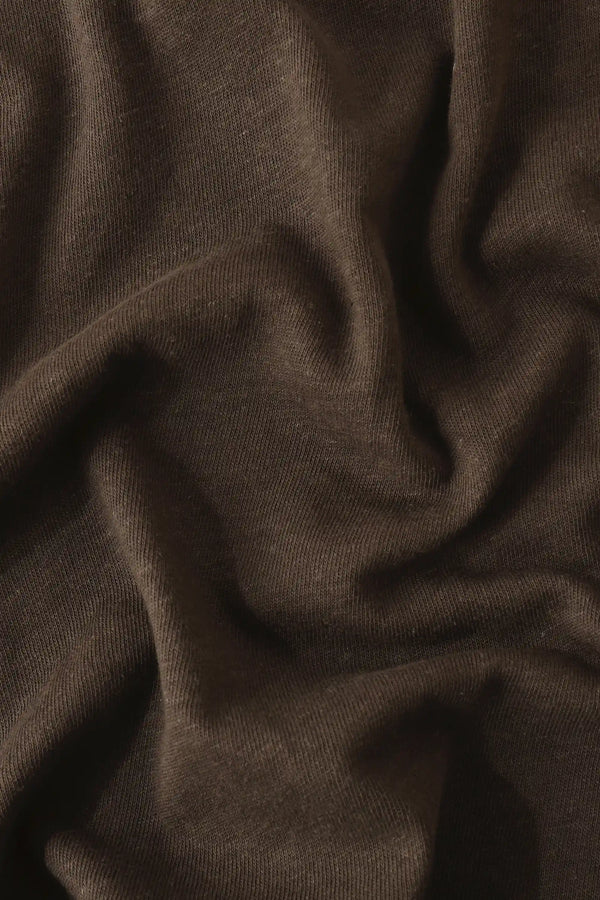 Close-up of the espresso linen–Supima blend fabric, showcasing soft texture and breathable comfort.