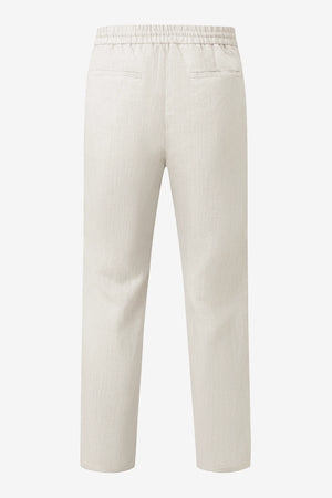 3D back view of men’s driftwood beige linen-Tencel drawstring trousers with a clean, relaxed finish.
