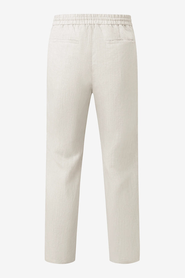 3D back view of men’s driftwood beige linen-Tencel drawstring trousers with a clean, relaxed finish.