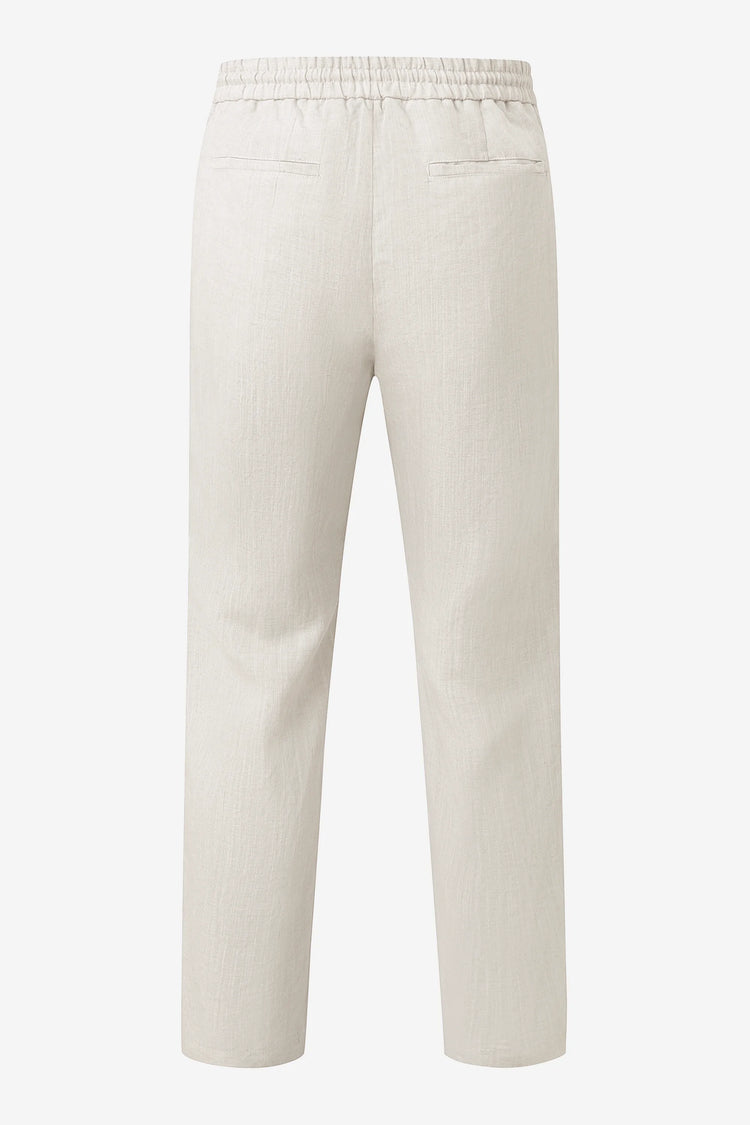 3D back view of men’s driftwood beige linen-Tencel drawstring trousers with a clean, relaxed finish.