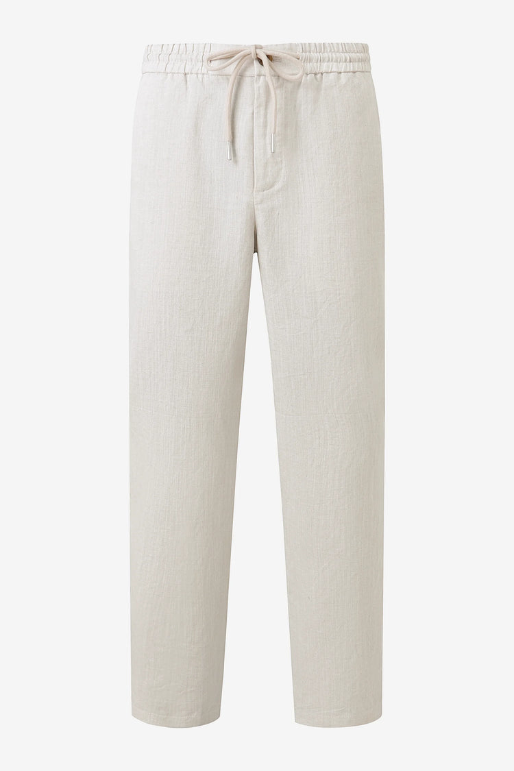3D front view of men’s driftwood beige linen-Tencel drawstring trousers with a relaxed straight-leg fit.