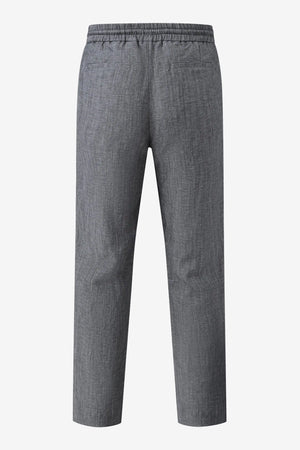 3D back view of men’s heather grey linen-Tencel drawstring trousers with a clean, relaxed finish.