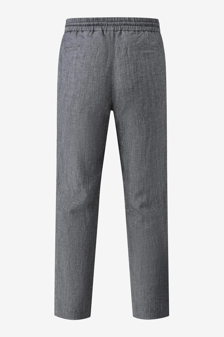 3D back view of men’s heather grey linen-Tencel drawstring trousers with a clean, relaxed finish.