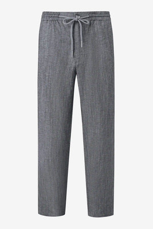 3D front view of men’s heather grey linen-Tencel drawstring trousers with a relaxed straight-leg fit.