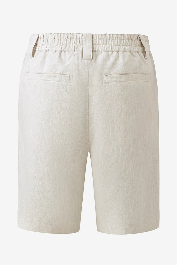 3D back view of men’s driftwood beige linen-Tencel tailored shorts with a refined, everyday finish.